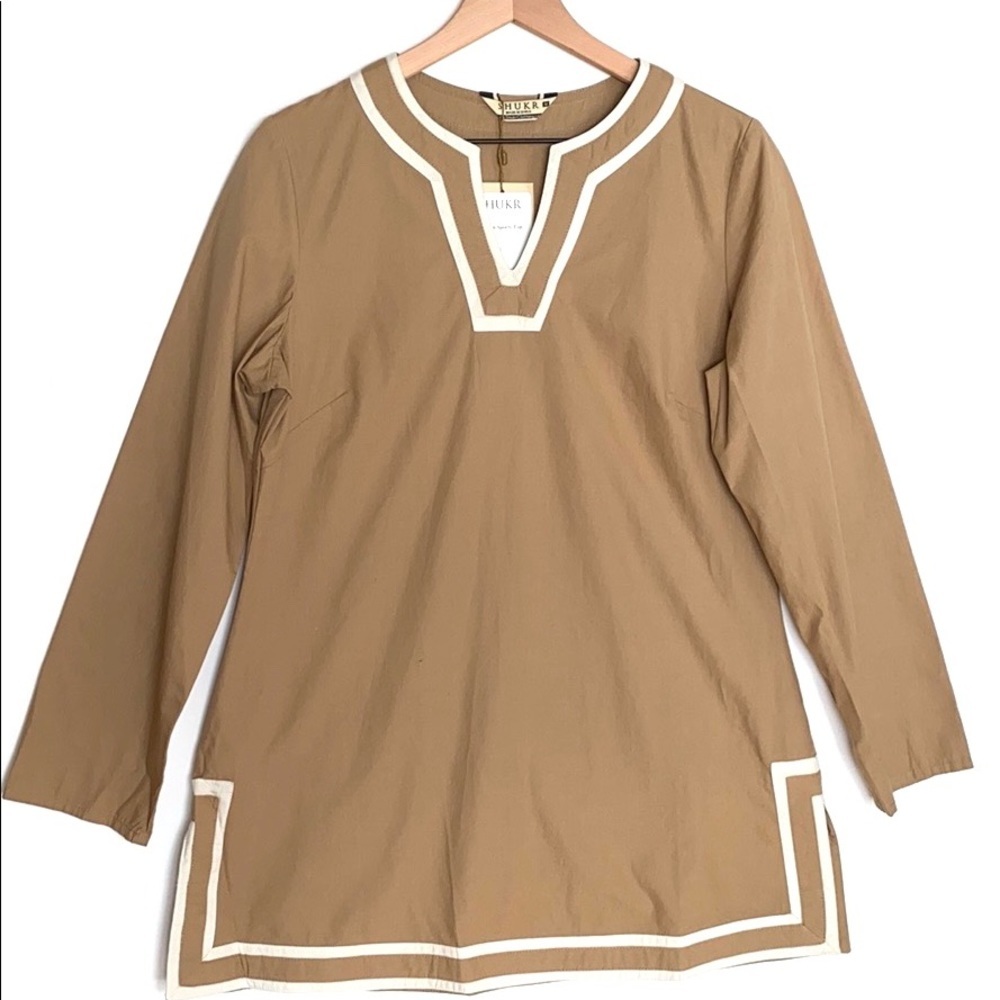 SHUKR long sleeve camel & white tunic, Size M, NWT